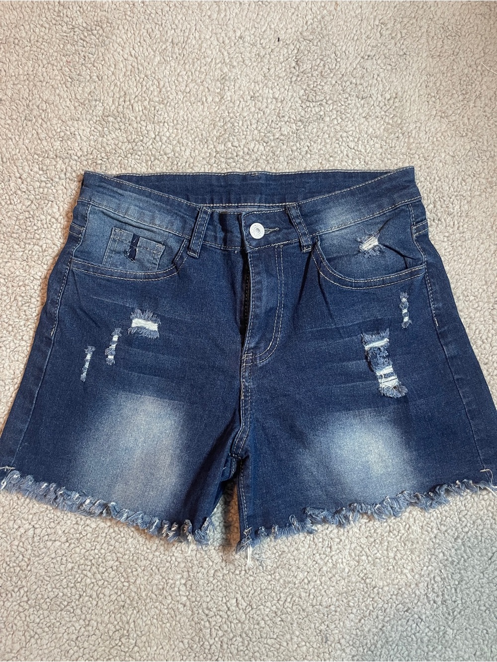 High-Rise Dark Blue Distressed Denim Shorts with Frayed Hem